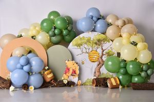 Pastel balloon arch installation with Winnie the Pooh theme featuring soft green, blue, peach and yellow balloons.