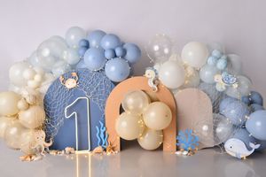 Elegant baby shower balloon arch decoration in soft blue and white with number one and cloud accents.