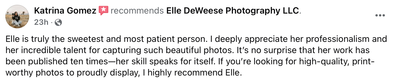 A positive customer review recommending Elle DeWeese Photography LLC for photography services.