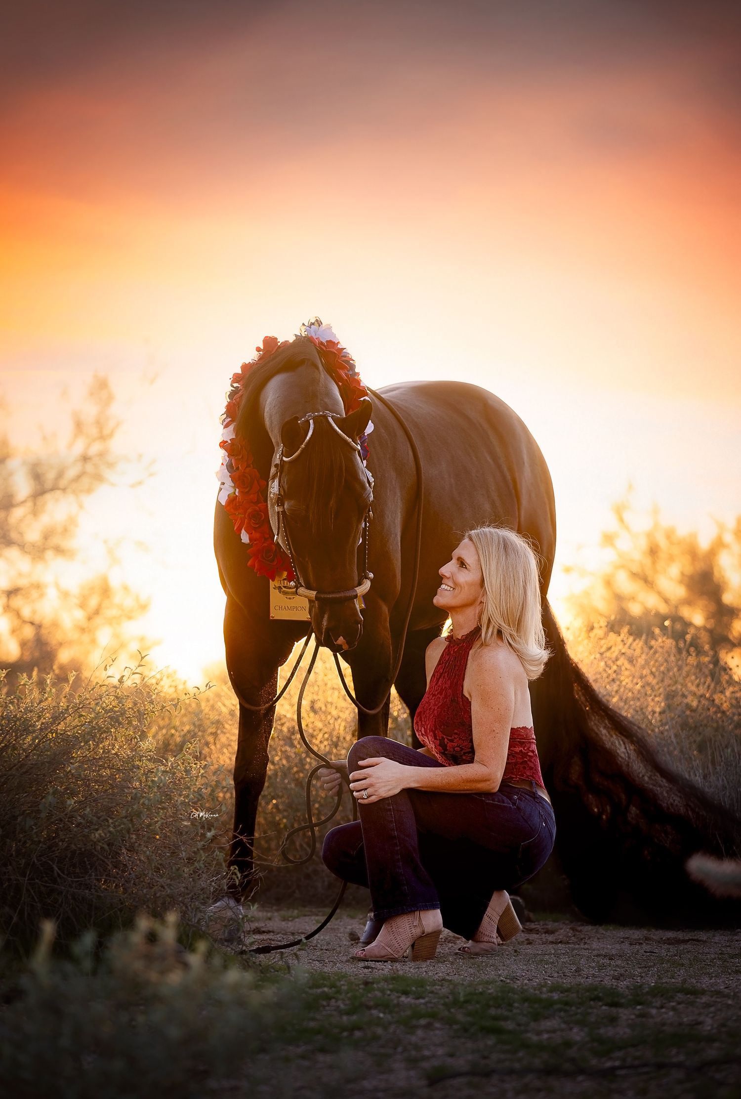 Woman kneeling beside her horse at sunset