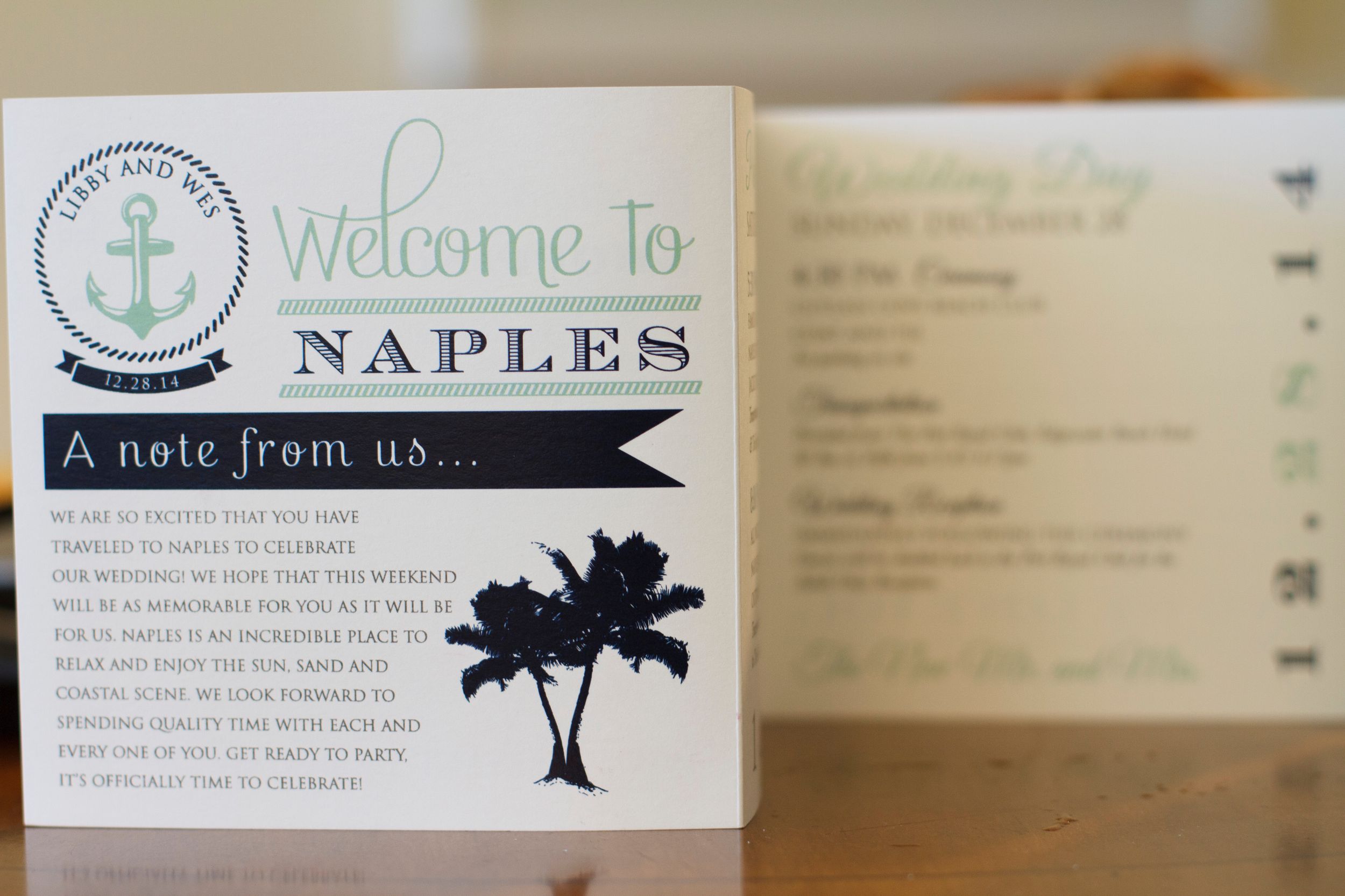 Welcome to Naples wedding weekend card with anchor logo and palm trees beside a wedding day itinerary. Naples