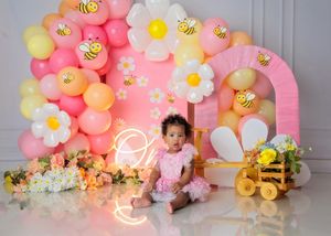 Baby girl in pink outfit sits at colorful bee and daisy themed first birthday balloon setup.