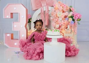 A toddler girl in a pink tulle dress sits beside a birthday cake at her 3rd birthday photoshoot with floral decor.