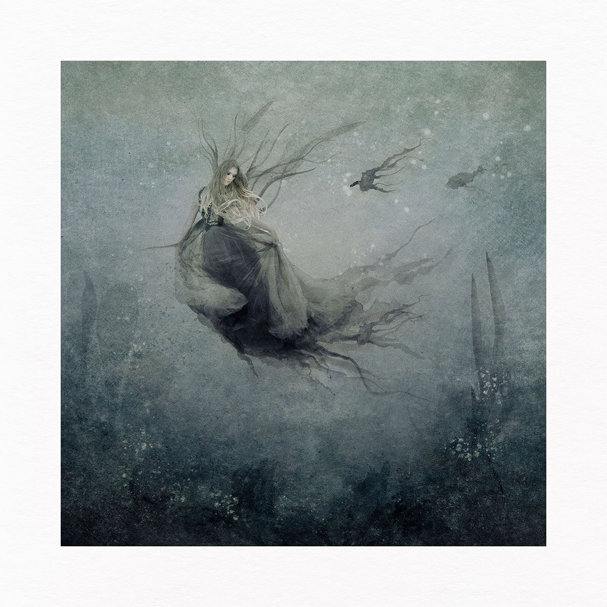 A ethereal fairy figure floats in a misty, dreamlike underwater scene with soft blue-green tones and delicate details.