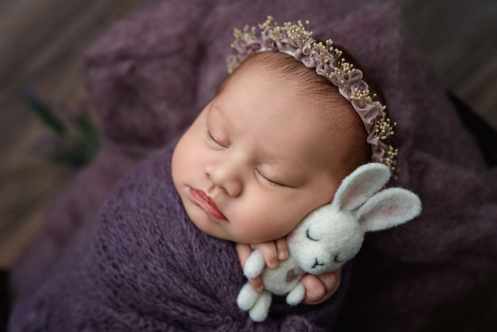 Peaceful newborn portrait with crystal crown and bunny toy on purple fabric.