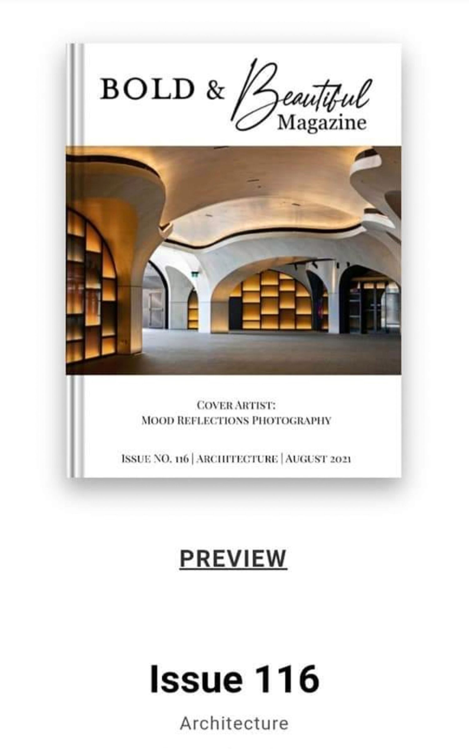 Modern architecture magazine cover showcasing Stephinie McKenzie Photography and a curved interior with wooden shelving.