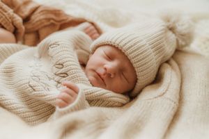 Peaceful family moment in soft beige knit sweaters against neutral background.