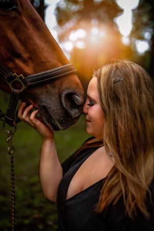 Close-up shot of a brown horse and person sharing an intimate moment in warm sunset lighting.
Janesville, WI
Brodhead, WI