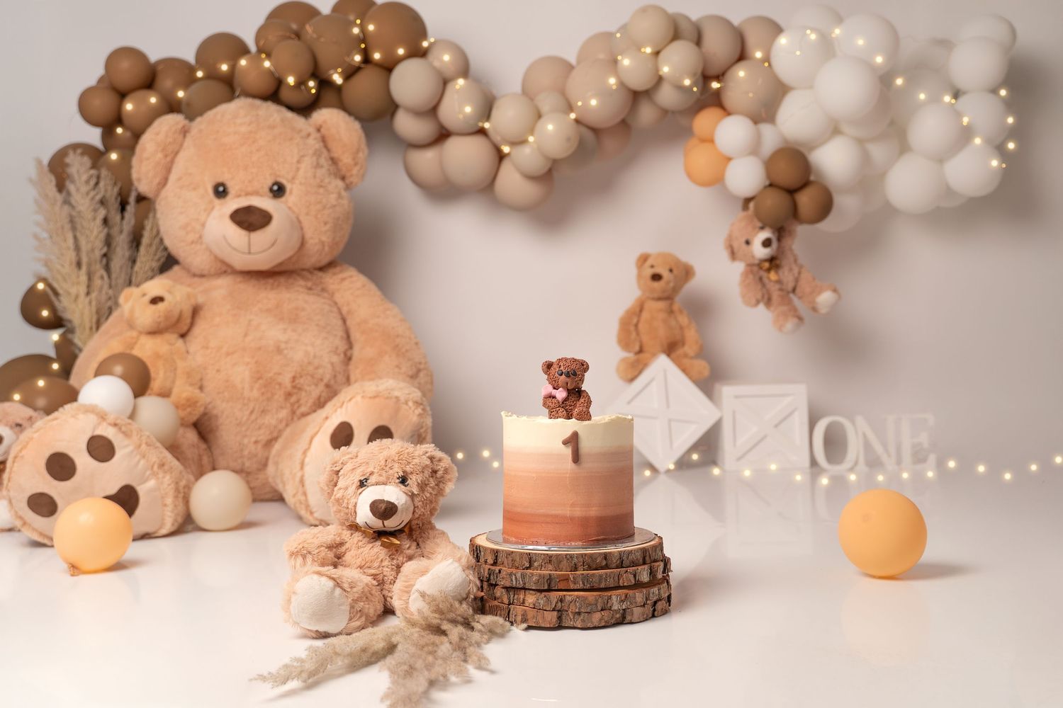 Boho Teddy Bear Cake Smash Setup for a 1 year old boy in Hayes, West London Studio