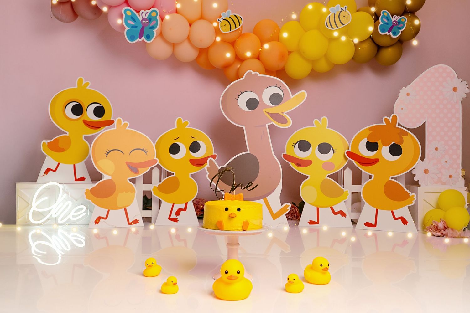 Elegant 5 little ducks cake smash setup for first birthday photoshoot in Hayes, West London studio