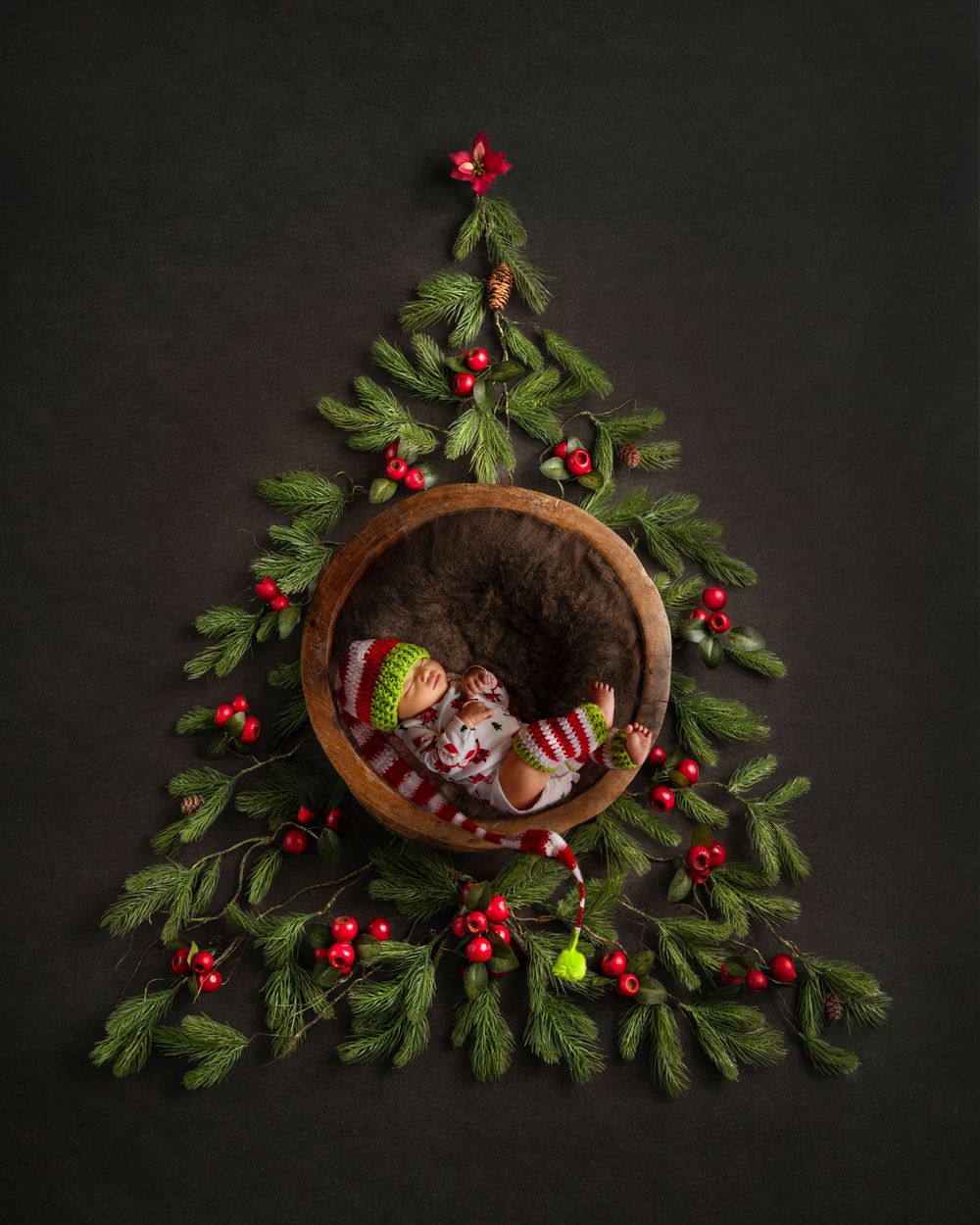 Creative Christmas flatlay arranged in tree shape with evergreen branches, red berries, and a woodsy nest decoration.