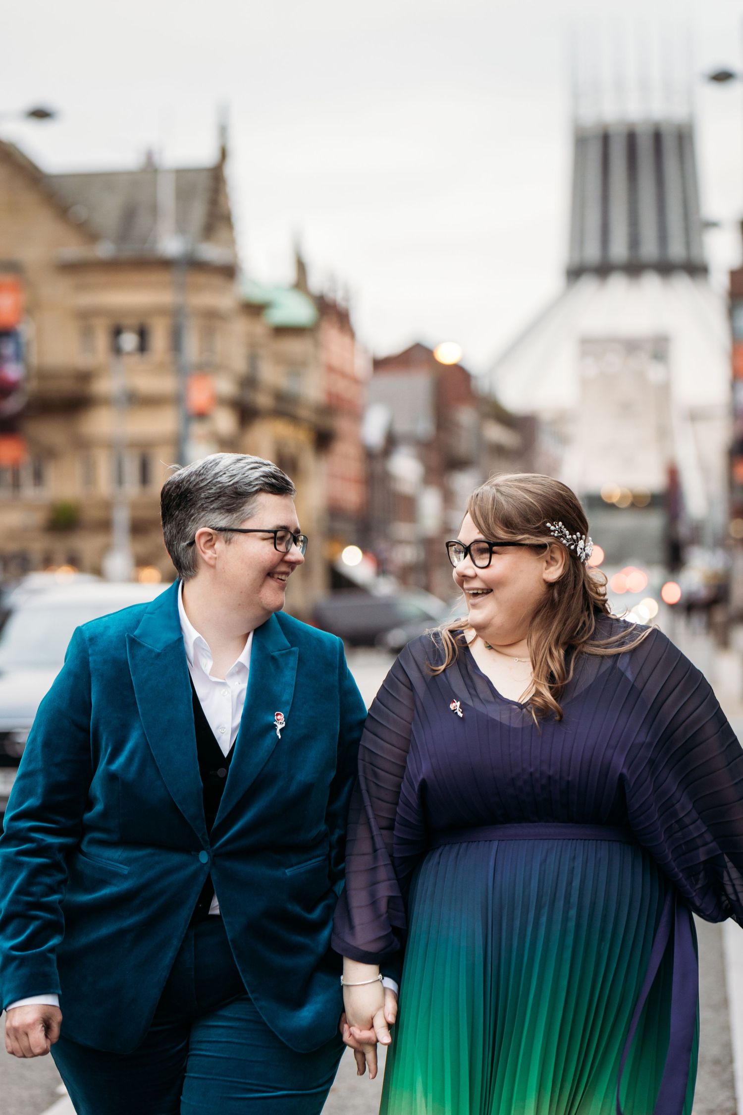 Hope Street, Liverpool. Newlyweds walking in front of Liverpool Metropolitan Cathedral.