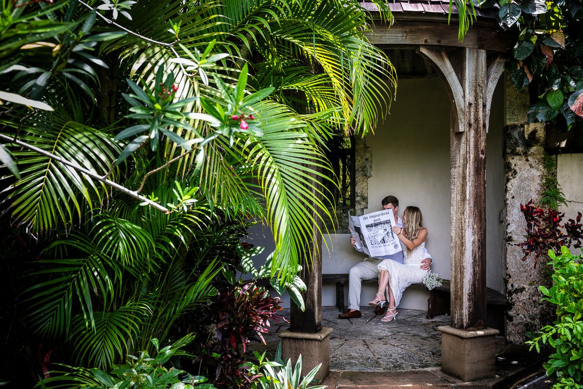 A serene tropical garden setting with a small covered bench surrounded by palm fronds.