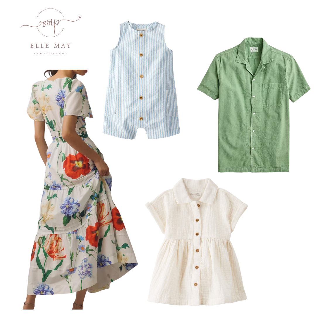 A dressy summer style board for an at home family photo session.