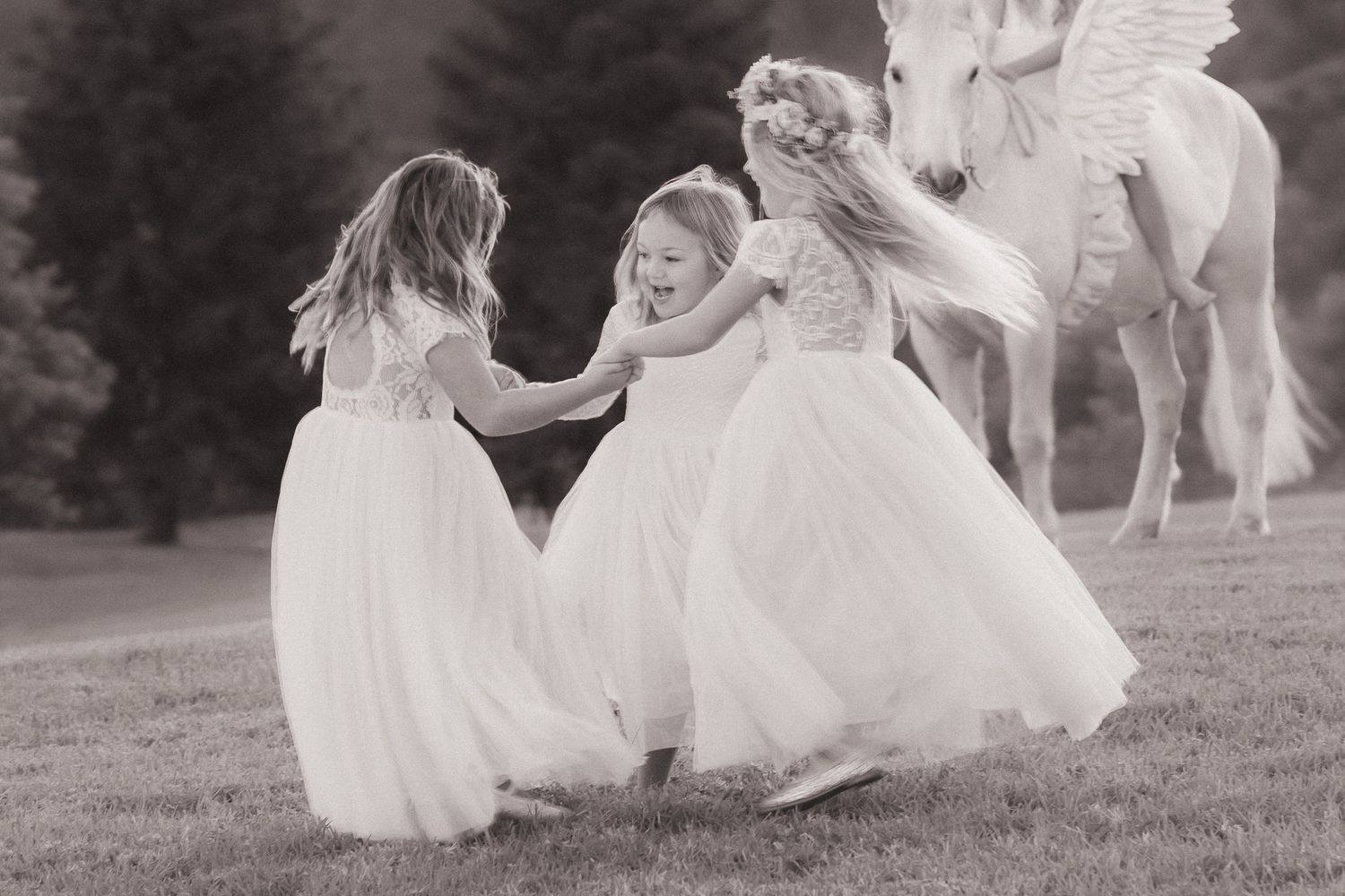 Black and white photo of flowing white dresses and horses in a meadow.