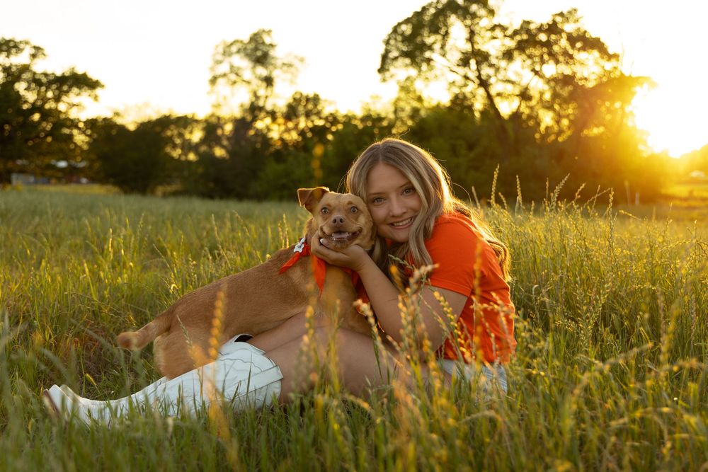Woman in orange top hugging a brown dog in a sunny green field at golden hour sunset.