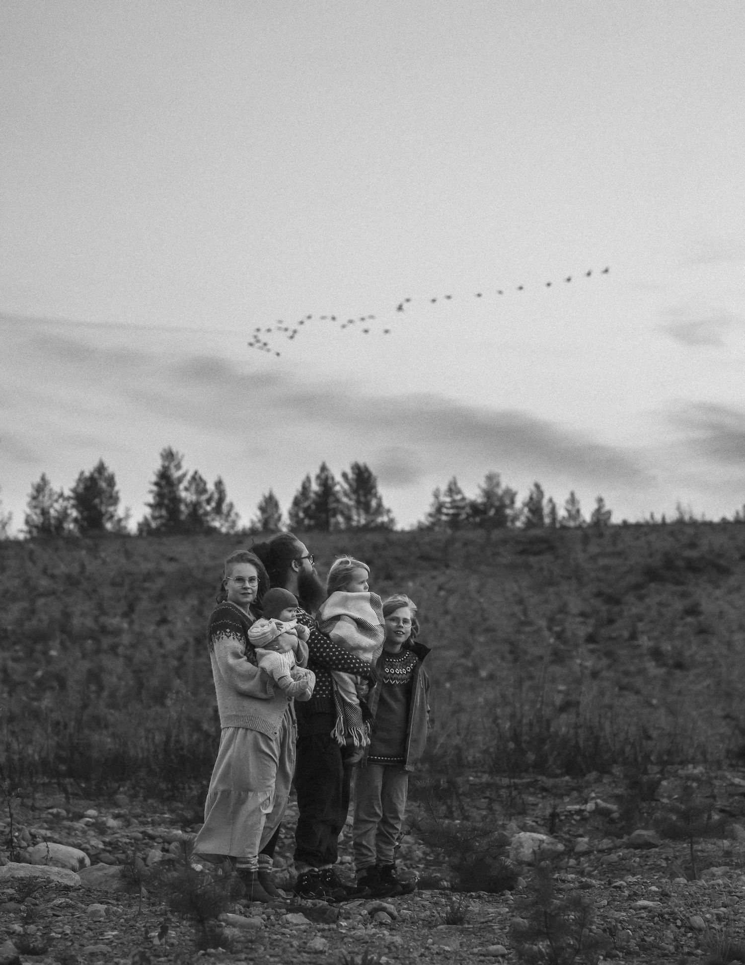 A group standing outdoors on a hillside watching a flock of migrating birds form a V-pattern in the monochrome sky.