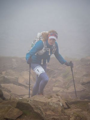 Ultra Runner ascending Pen Y Ghent in the fog, Yorkshire Dales
