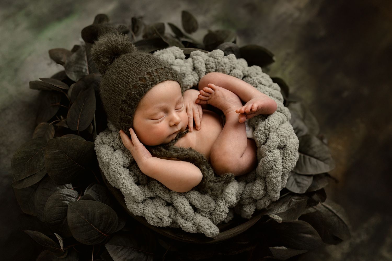 Peacefully sleeping newborn nestled in soft gray blanket surrounded by dark leaves in artistic portrait.