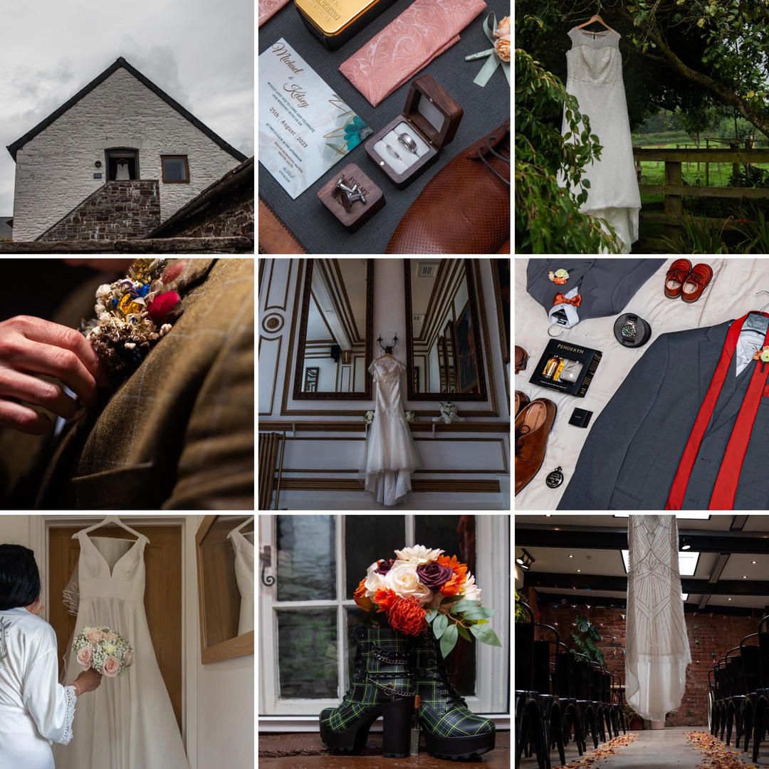 Collection of wedding photography details including dresses, rings, and venue shots.