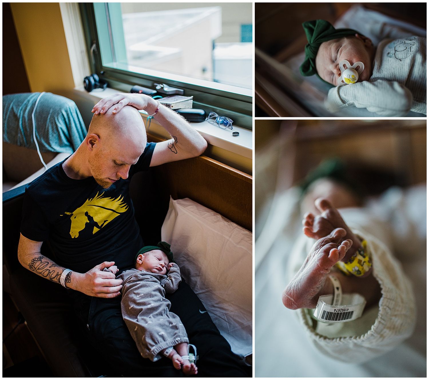 Candid moments of a parent bonding with their newborn in a hospital room.