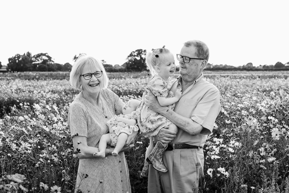 At Sam's Sunflowers on Hayling Island, Hampshire, grandparents hug their grandchildren amongst the wildflowers.