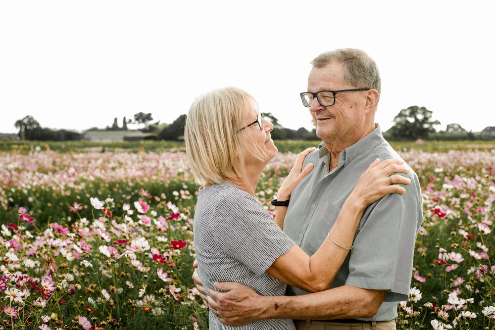 At Sam's Sunflowers on Hayling Island, Hampshire, a grand parents stand and hug together in the wildflowers.