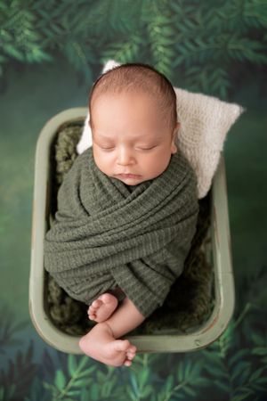Sleeping newborn wrapped in olive green knit blanket rests peacefully in small cream-colored basket against leafy backdrop.