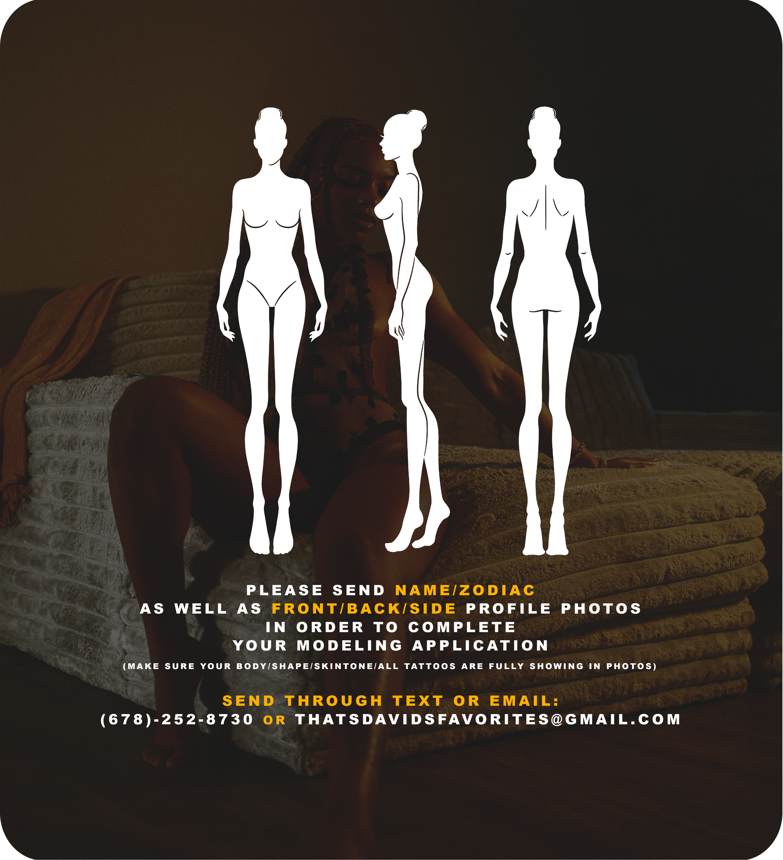 Three white silhouettes of female body measurements and poses against a dark background.