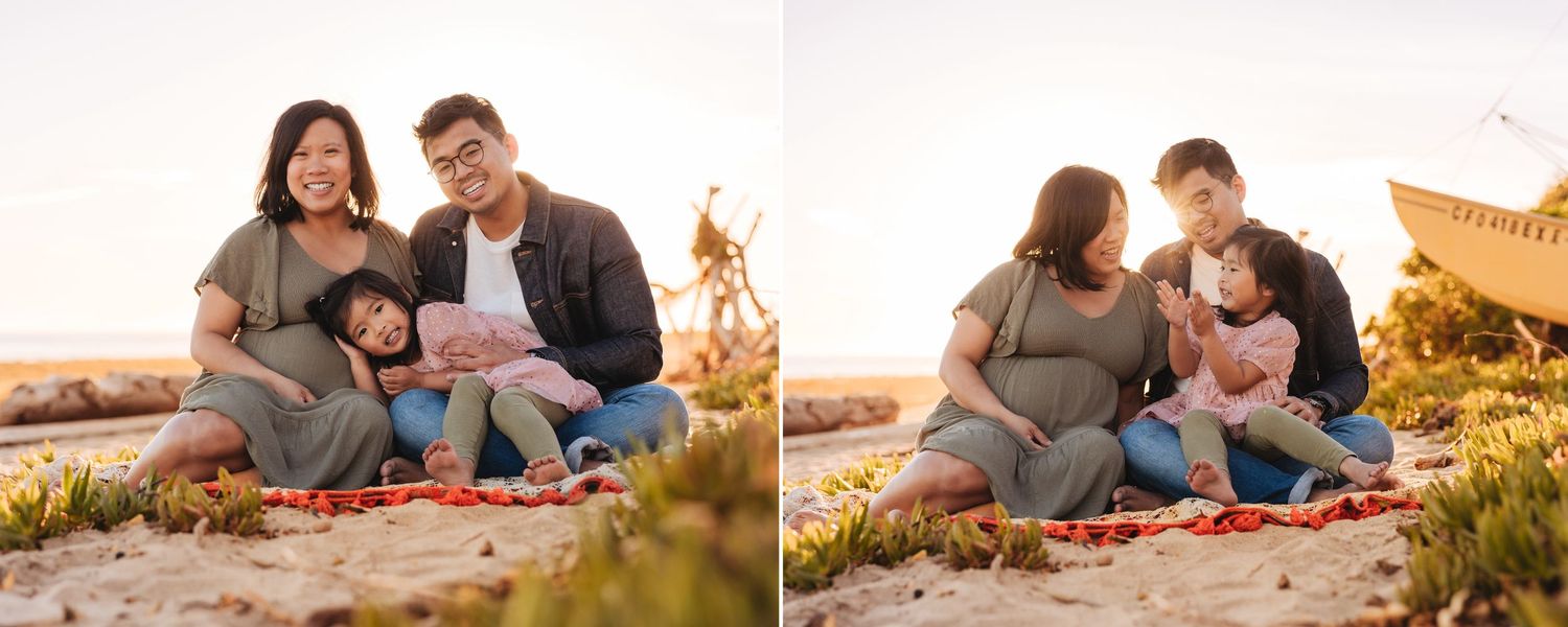 Family relaxing together during outdoor maternity photoshoot at sunset.