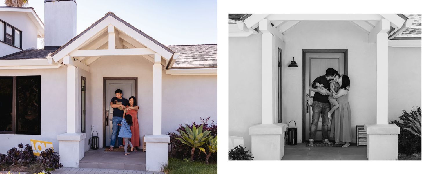 Exterior views of a modern white house with architectural details and columns.