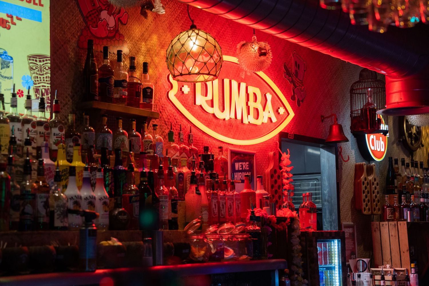 A moody picture of Rumba's bar area