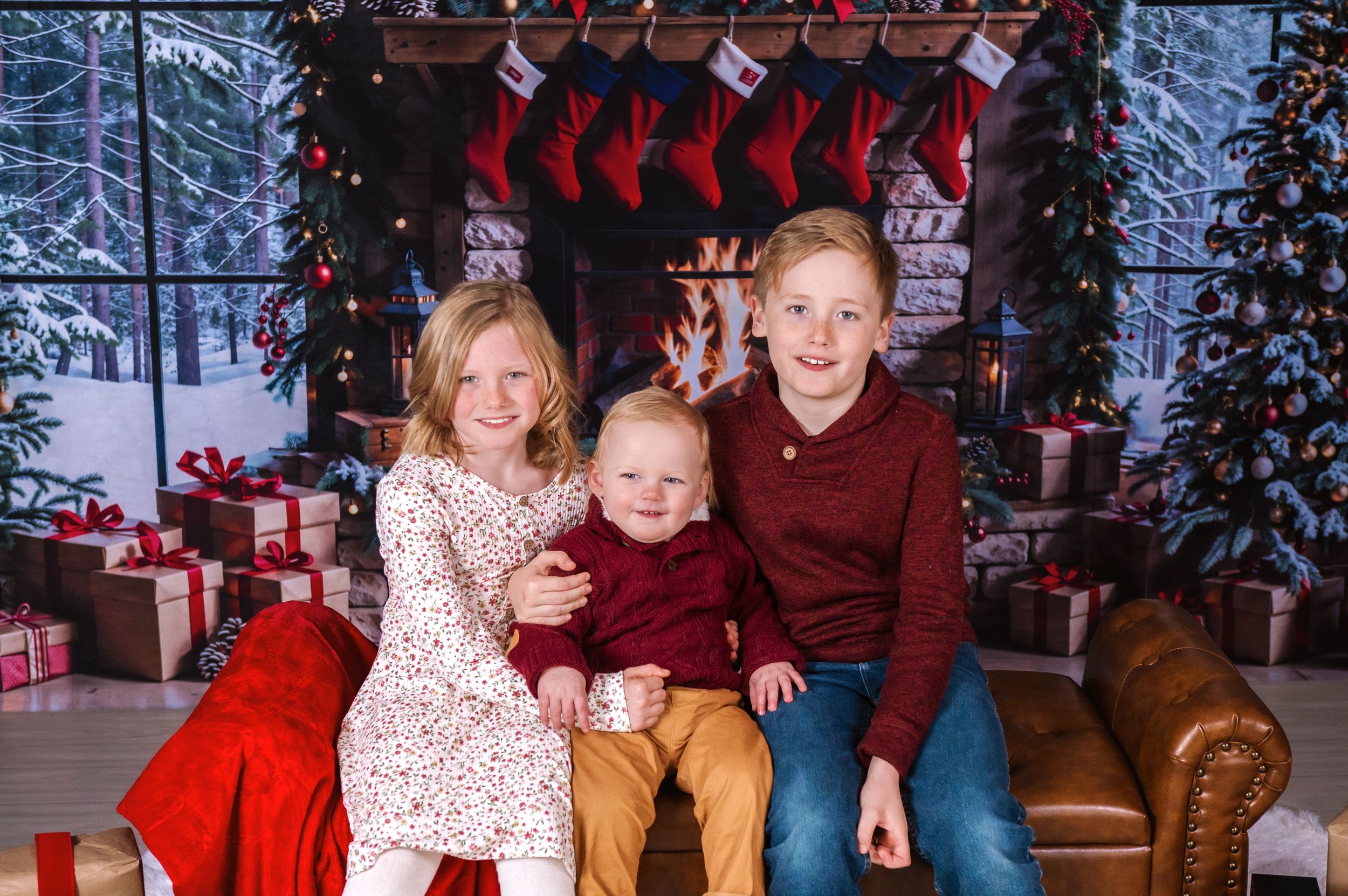 Holiday family photos with Christmas decorations and wrapped presents in background.