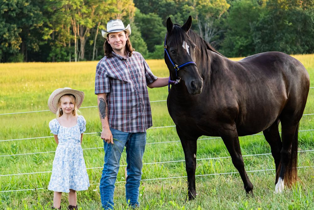 A black horse stands in a fenced pasture with two people on a sunny afternoon.