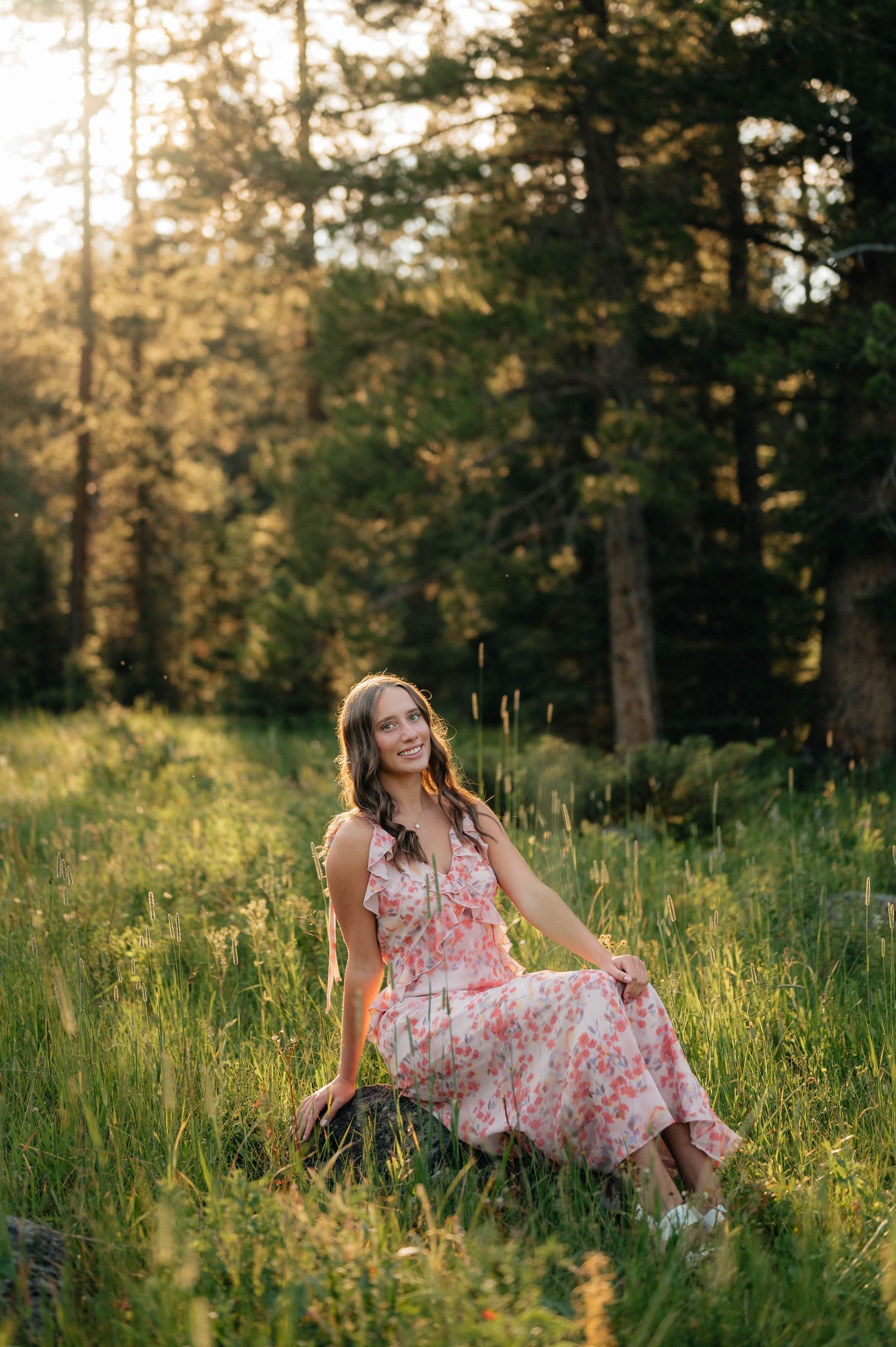 Young woman in floral pink dress sitting in sunlit meadow surrounded by tall green trees at golden hour.
