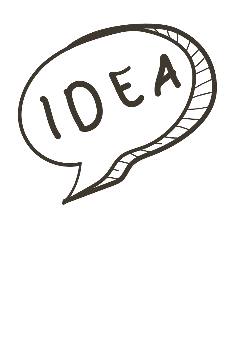 Simple black and white sketch of a speech bubble containing the word 'IDEA'.