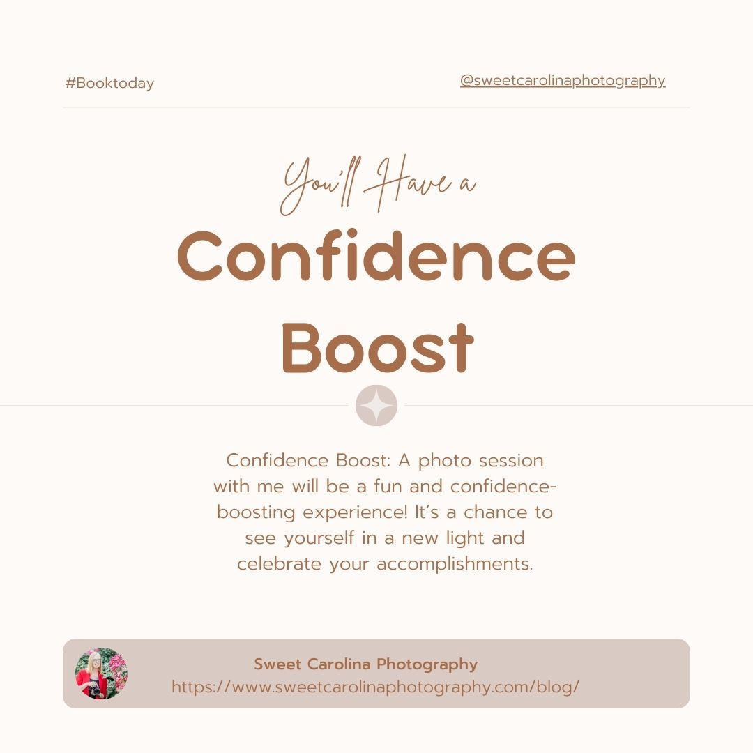 Photography service banner featuring 'Confidence Boost' text in elegant brown typography.