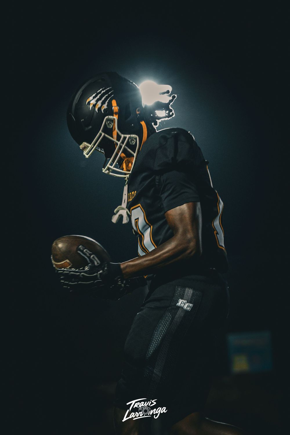 Dramatic dark studio shots of football players in black uniforms with helmets against moody lighting.