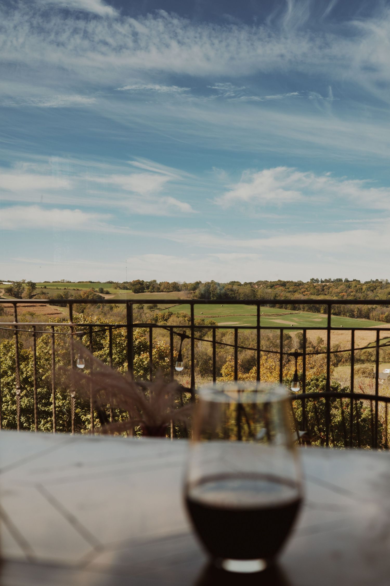 A panoramic view of wine glasses on a table overlooking a scenic countryside landscape with rolling hills and autumn trees.