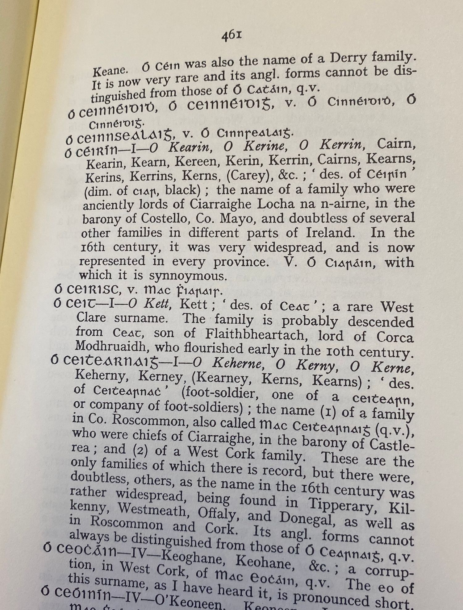 Page from reference book showing Irish family name origins and historical information.