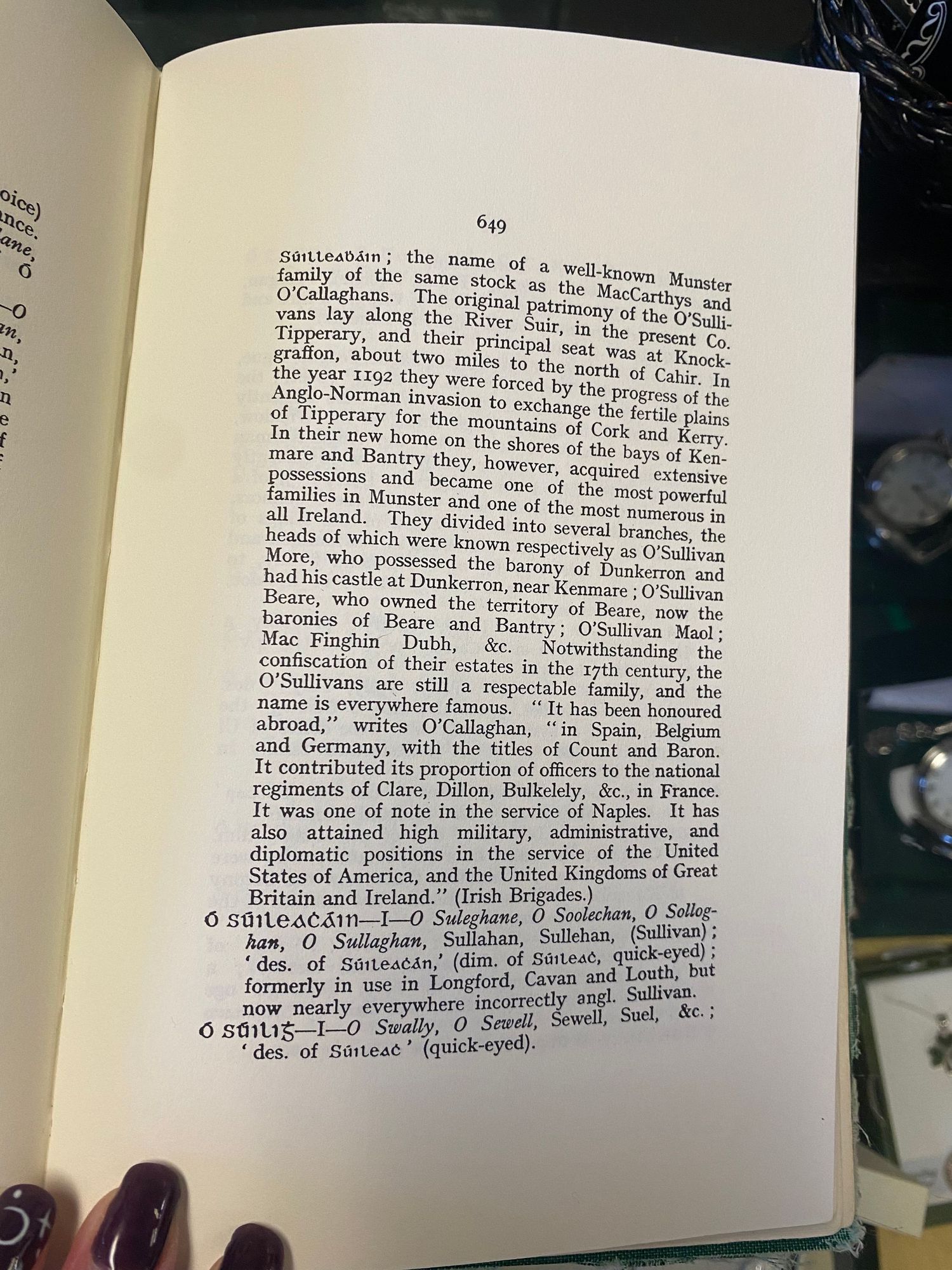 Printed page of genealogical text with historical Irish family information.