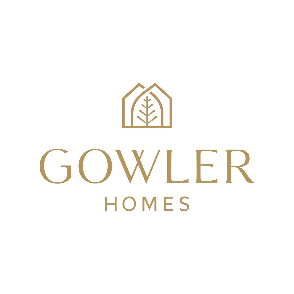 Elegant gold logo for Gowler Homes featuring house silhouette with tree design.