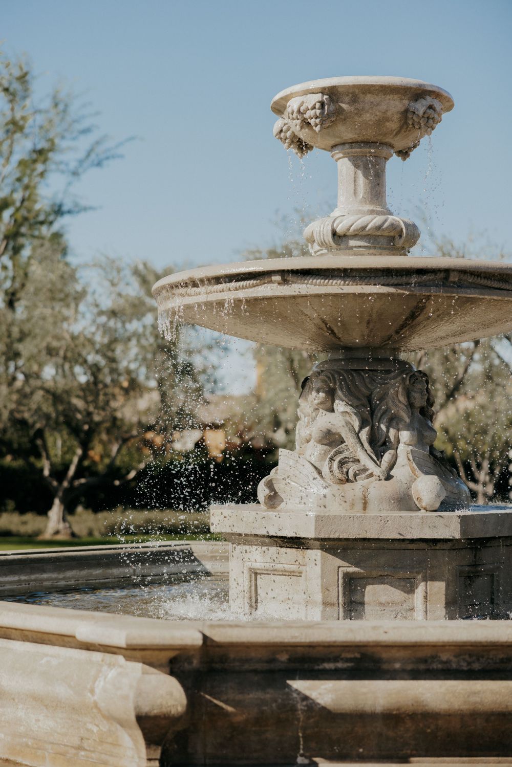 Ornate stone fountain with cherub sculptures spraying water in a garden setting.