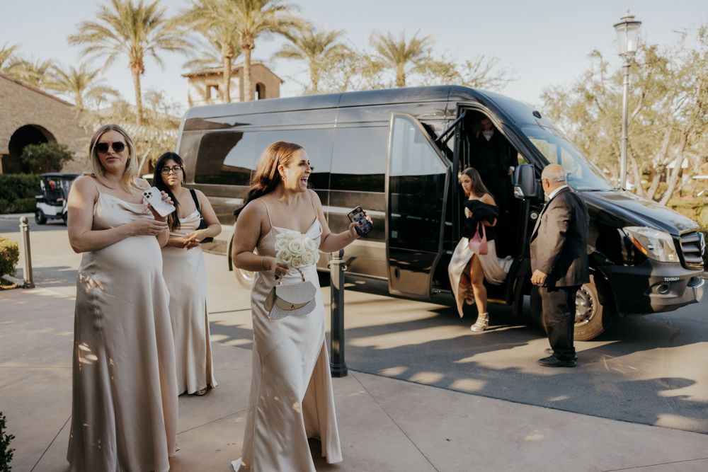 Wedding party gathering near luxury transportation vehicle under palm trees.