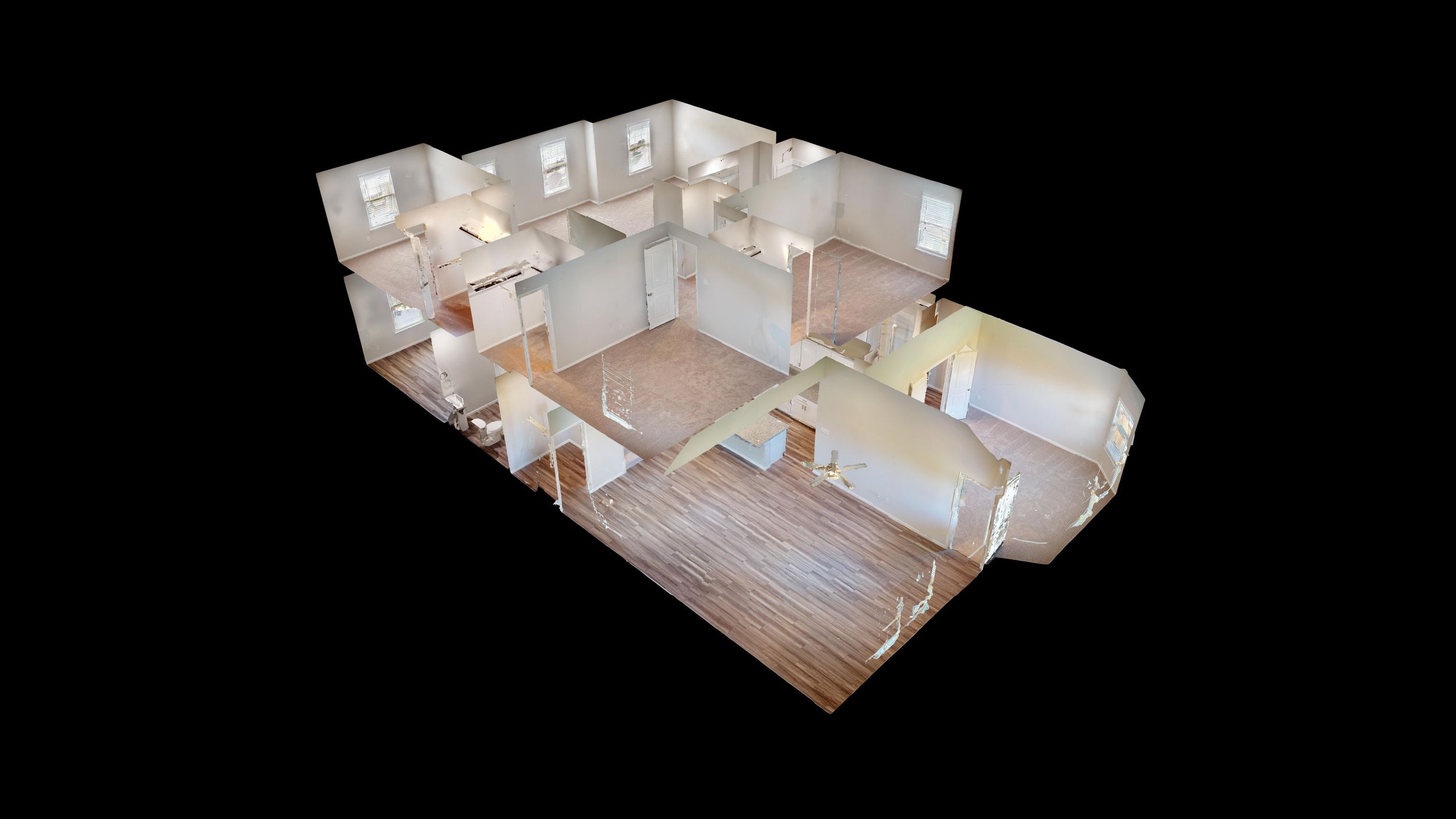 3D Digital twin showing room layouts and interior spaces in a residential property. Matterport 3D tour.