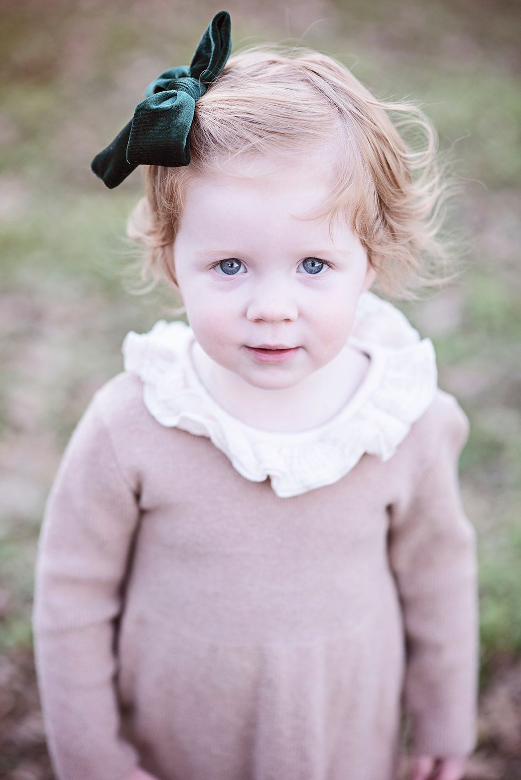 A toddler girl wearing a brown sweater and dark bow in their blonde hair stands outdoors for a family photo, near Halifax PA.