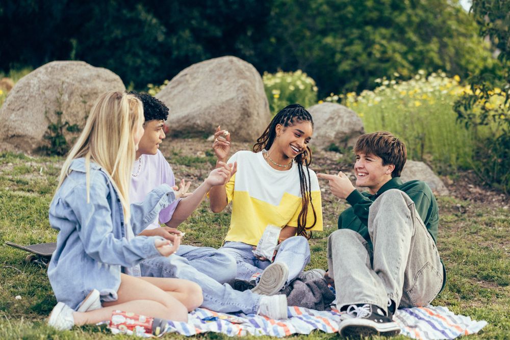 Friends enjoying a picnic outdoors sitting on blanket on grass with large rocks and greenery in background.