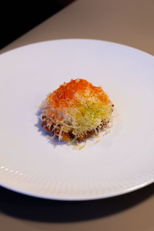 Artistic presentation of a crispy dish with orange and green gradient garnish.