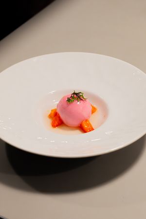 Pink spherical dessert garnished with herbs and orange segments on white porcelain plate.