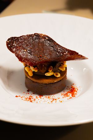 Elegant chocolate tart with crispy chocolate tuile and nuts dusted with red powder.